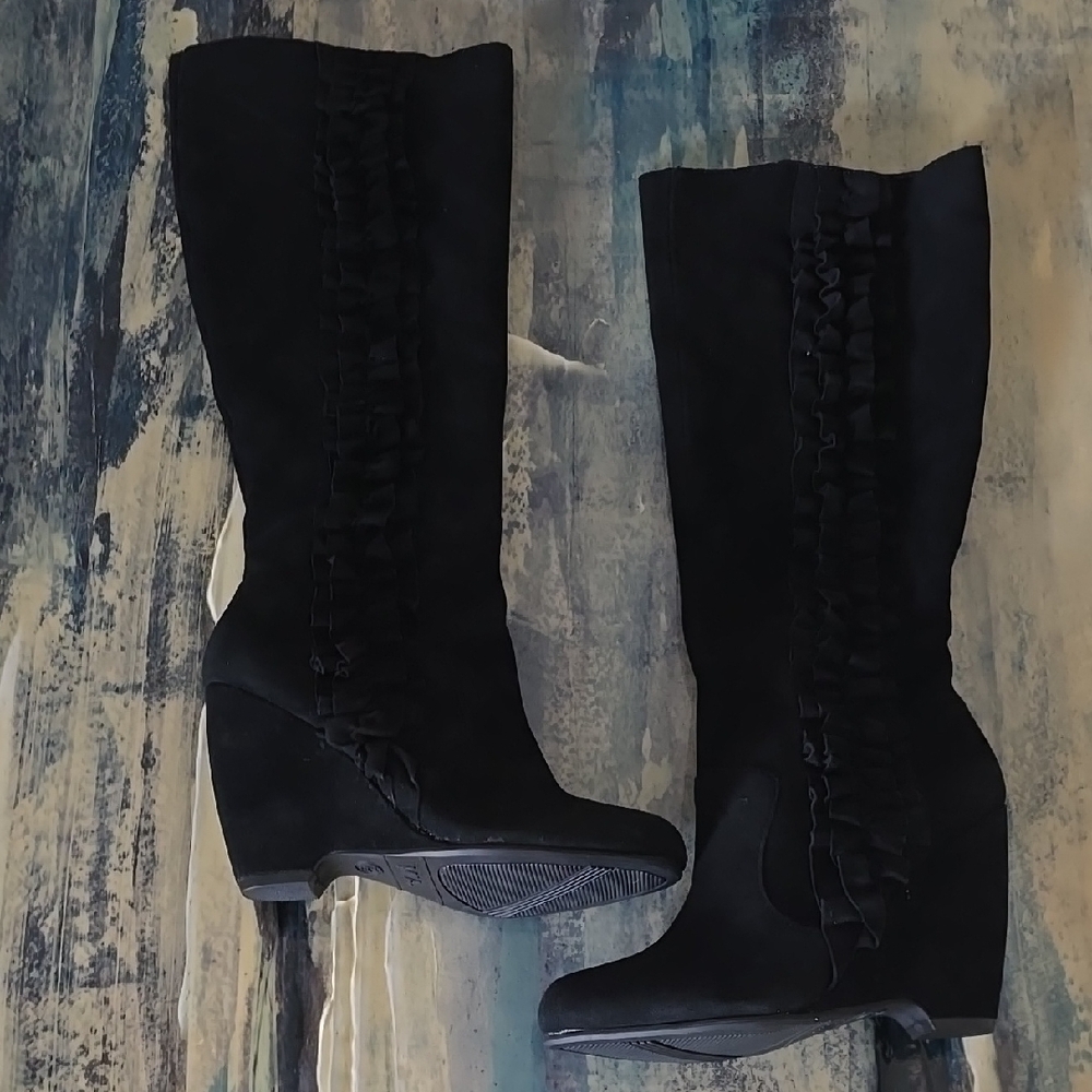 NWT, MIA Black Wedge Suede Knee-High Boots 7.5